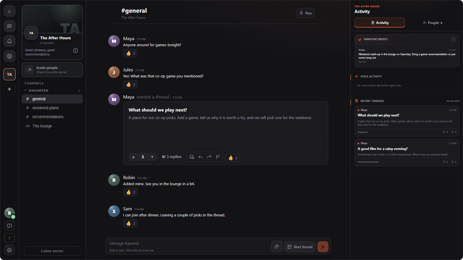 The current Revelog app showing its server navigation, channel list, and chat with an inline thread. The right sidebar has Activity and People tabs, with announcements, voice activity, and recent threads from across the server.